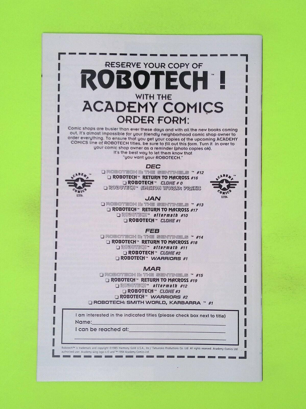 Robotech Clone #1 Academy Comics High Grade Comic Book W62-238