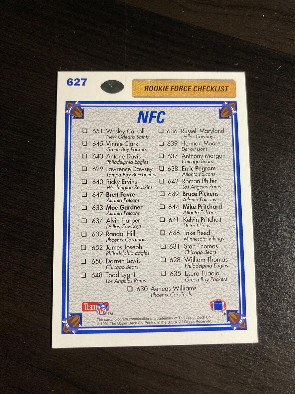 NFC ROOKIE FORCE CHECKLIST 627 1991 T1-70