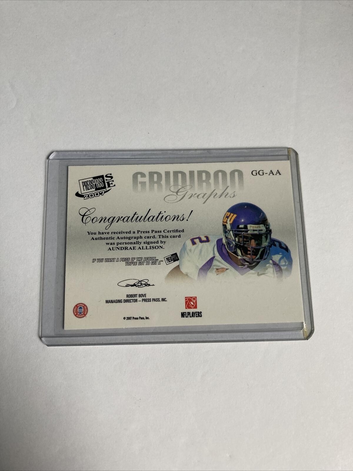 Aundrae Allison PRESS PASS 2007 AUTOGRAPH CARD T4-222